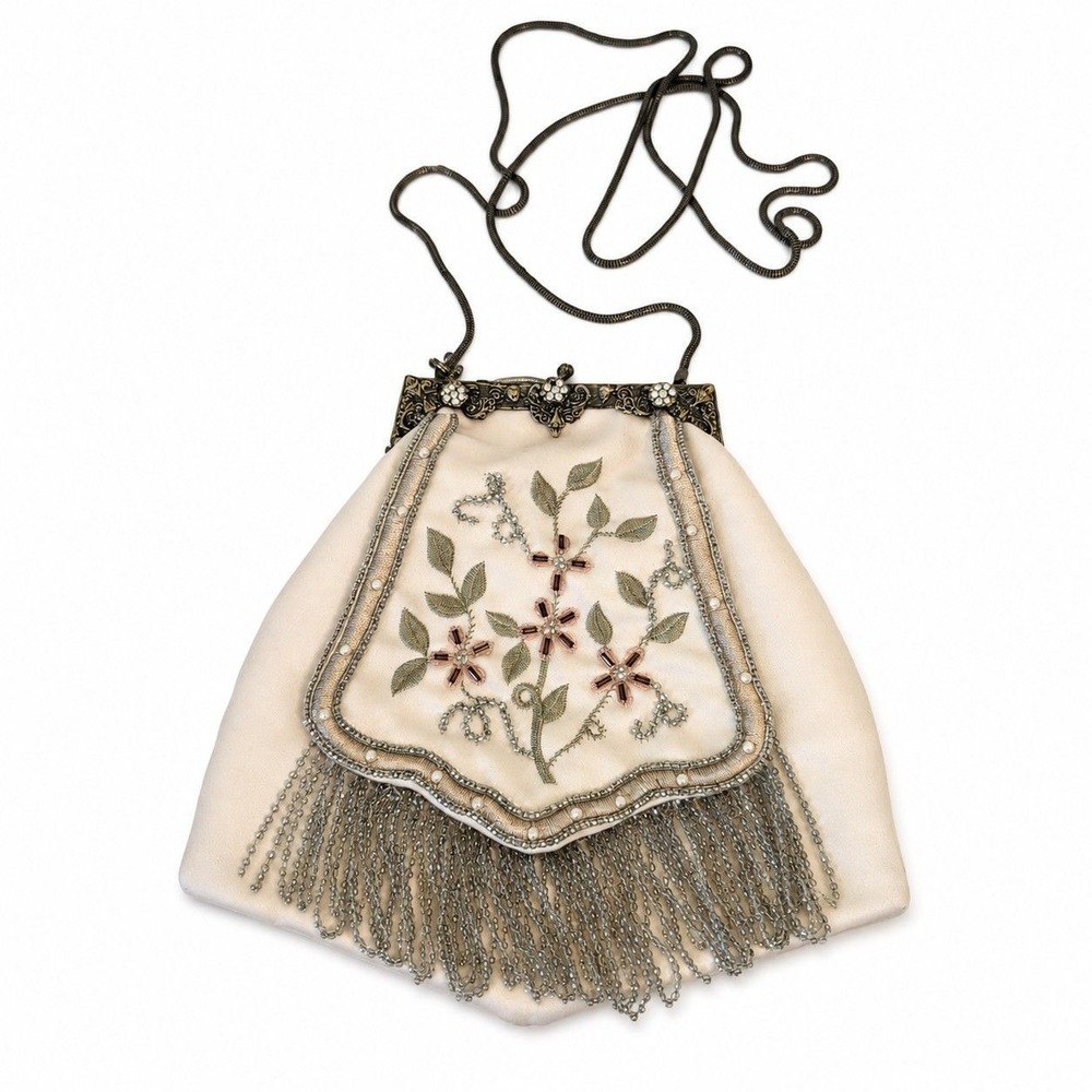 Vintage 1950s La Reagle Cream Satin Beaded Floral Evening Bag with Fringe